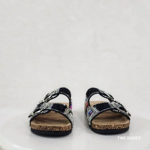 Zany Double Buckle Strap Rhinestone Beaded Slip on Mule Sandals - Picture 9 of 11